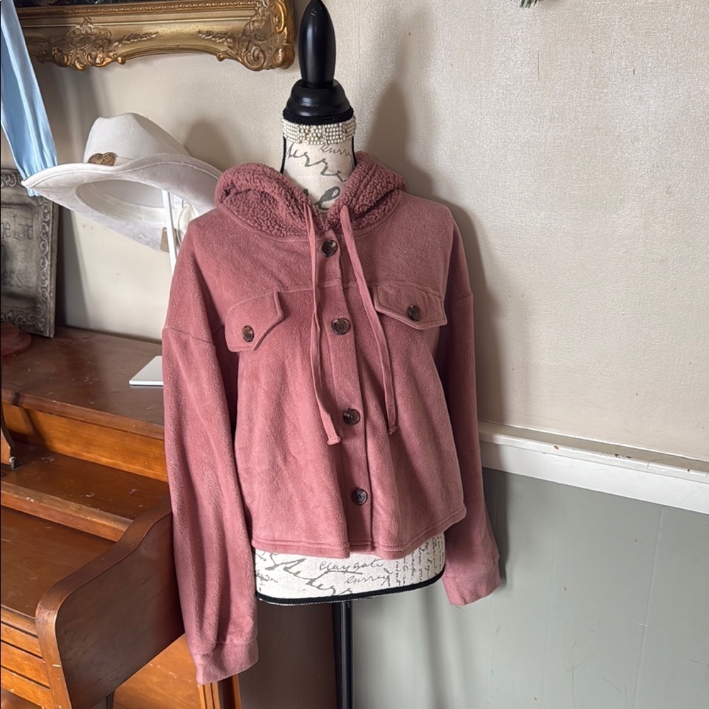 🩷Pink Rose Mauve Teddy Hooded Jacket Soft Pink Casual